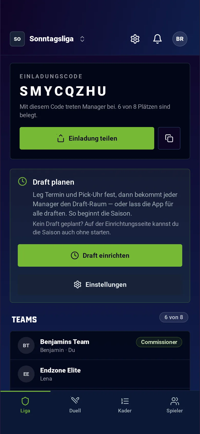 Die Liga-Ansicht der GFL-Fantasy-App mit Einladungscode und Draft-Planung